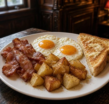 Breakfast plate with two eggs, bacon, home fries and toast