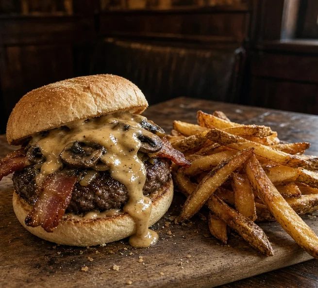 Jameson burger with bacon, mushroom and onion under whiskey cheese sauce, with fries on a board