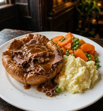 Stuffed Yorkshire pudding with roast beef and gravy, mashed potatoes and vegetables