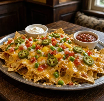 Nachos with melted cheese, tomato, peppers and jalapenos, with sour cream and salsa