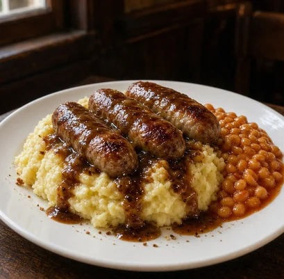 Bangers and mash with ale gravy and baked beans