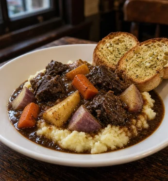 Beef and Guinness stew with root vegetables over mash and garlic toast