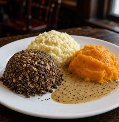 Haggis, tatties and neeps with pepper sauce