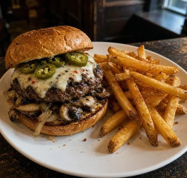 Kilt burger with mushrooms, onions, jalapenos and pepper jack cheese, with fries