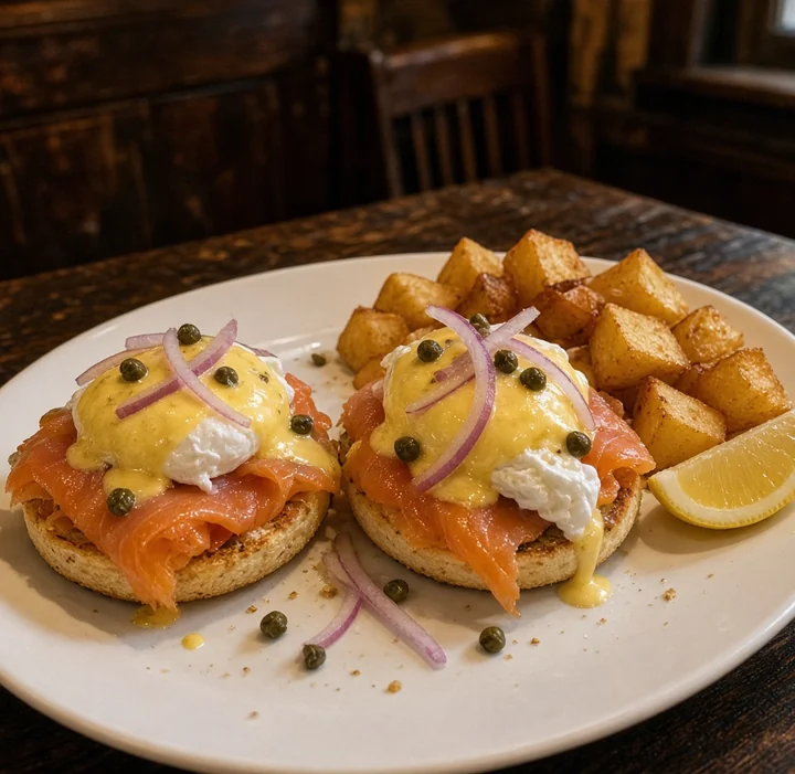 Scottish Benny: poached eggs on smoked salmon with hollandaise, red onion and capers, with home fries and lemon