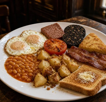 The Scottish breakfast with eggs, square sausage, black pudding, tattie scone, bacon, beans, home fries, grilled tomato and toast
