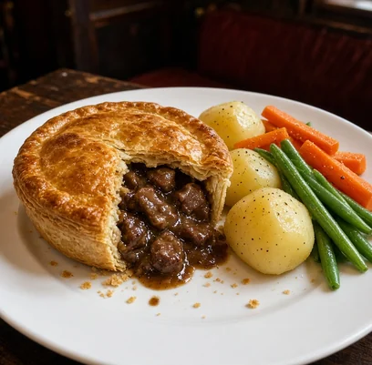 Steak and kidney ale pie with potatoes, carrots and green beans