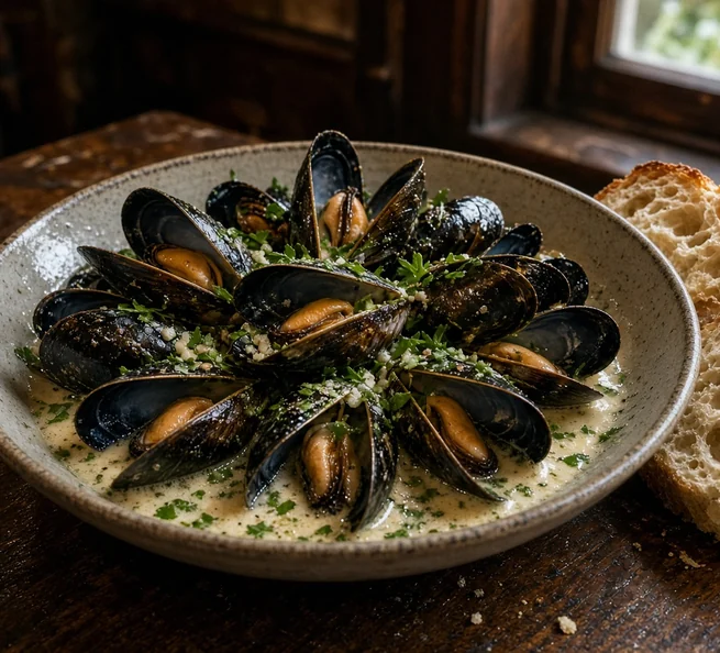 West Coast mussels in a creamy garlic, wine and herb broth with crusty bread