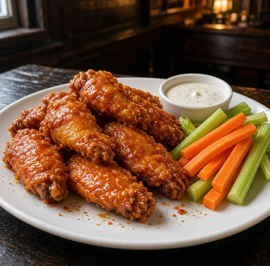 Chicken wings in hot sauce with carrot and celery sticks and ranch