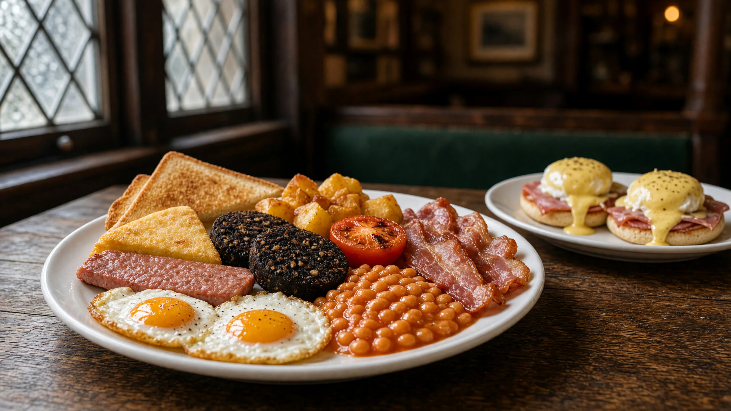 Full Scottish breakfast with fried eggs, square sausage, black pudding, tattie scone, bacon, beans, grilled tomato, home fries and toast