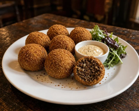 Haggis Bon Bons: golden fried haggis balls, one cut open, with whisky aioli and salad leaves