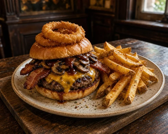 Highlander, a burger with bacon, cheddar, mushrooms, BBQ sauce and an onion ring, with fries