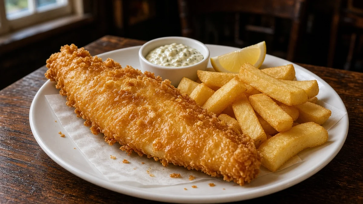 Innis & Gunn fish and chips: beer-battered haddock with fries, tartar sauce and lemon