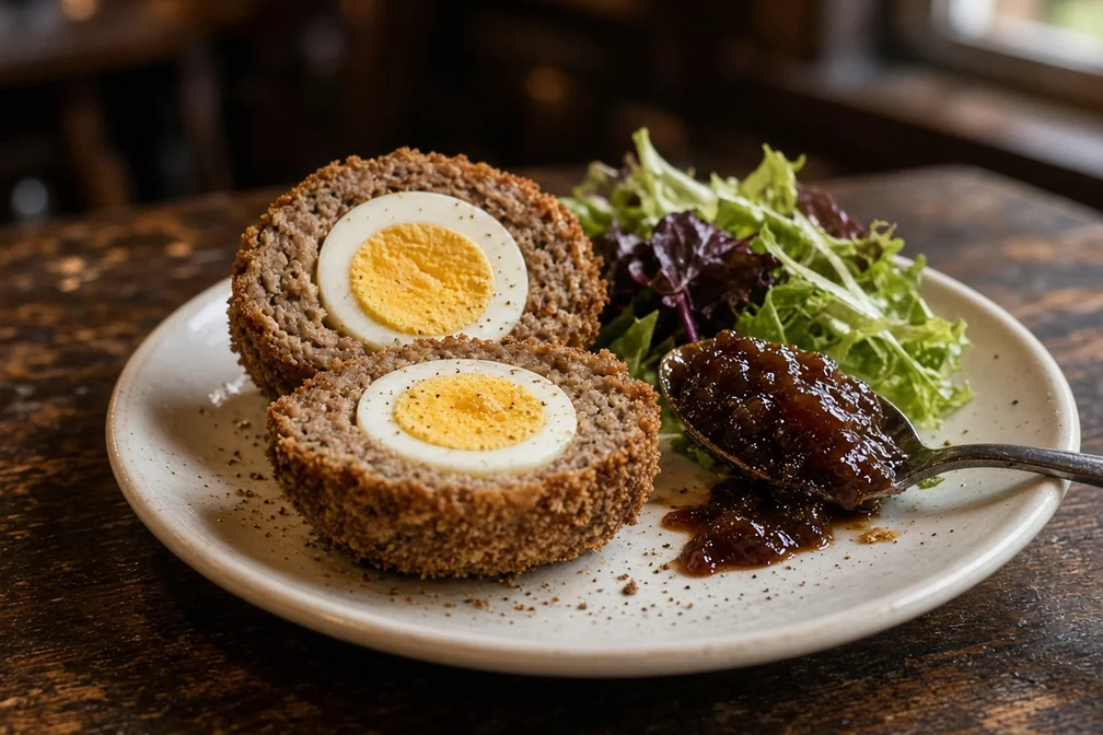 Scotch egg cut in half with house chutney and salad leaves