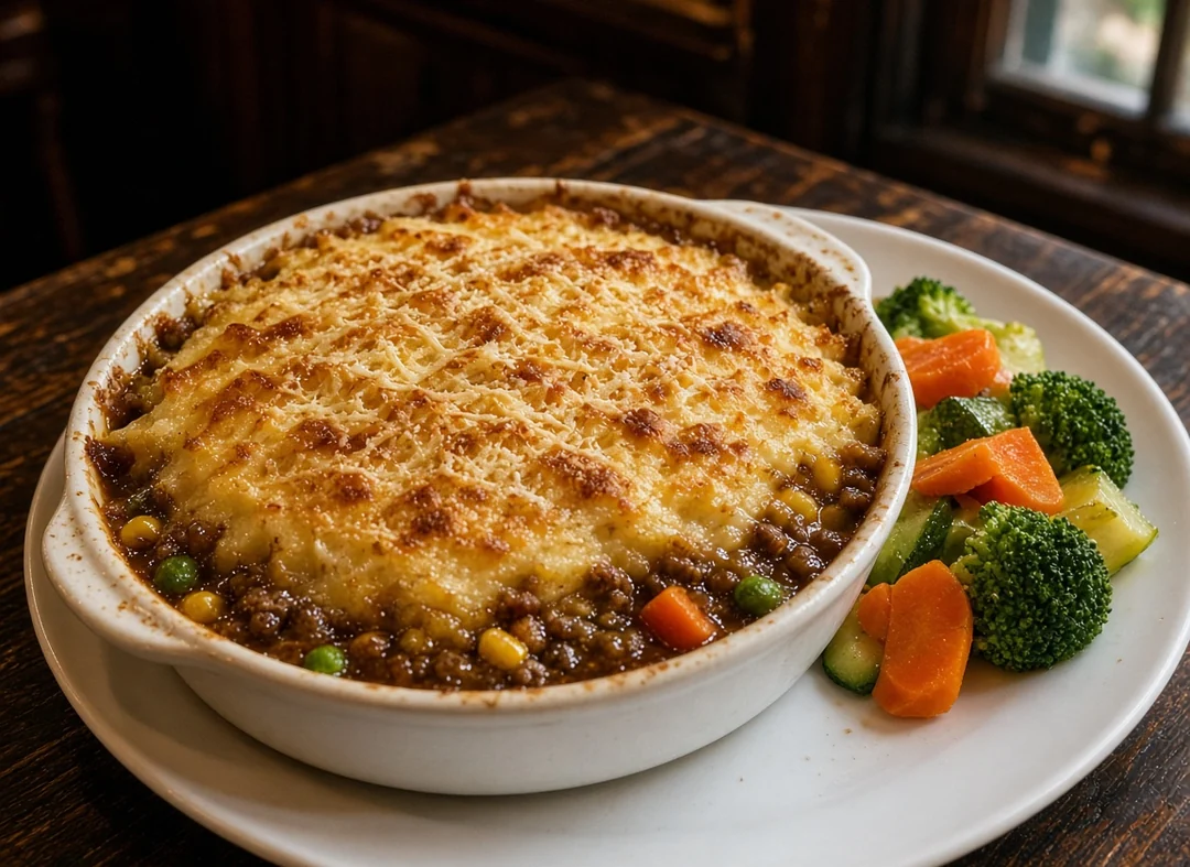 Shepherds pie with a cheese-topped mashed potato crust and a side of vegetables