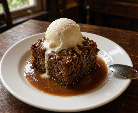 Sticky toffee pudding in toffee sauce with a scoop of vanilla ice cream