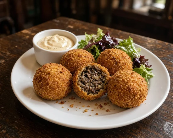 Fried haggis bon bons with a cut-open ball showing the haggis, whisky aioli and greens