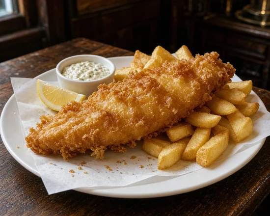 Beer-battered haddock and chips on paper with tartar sauce and lemon